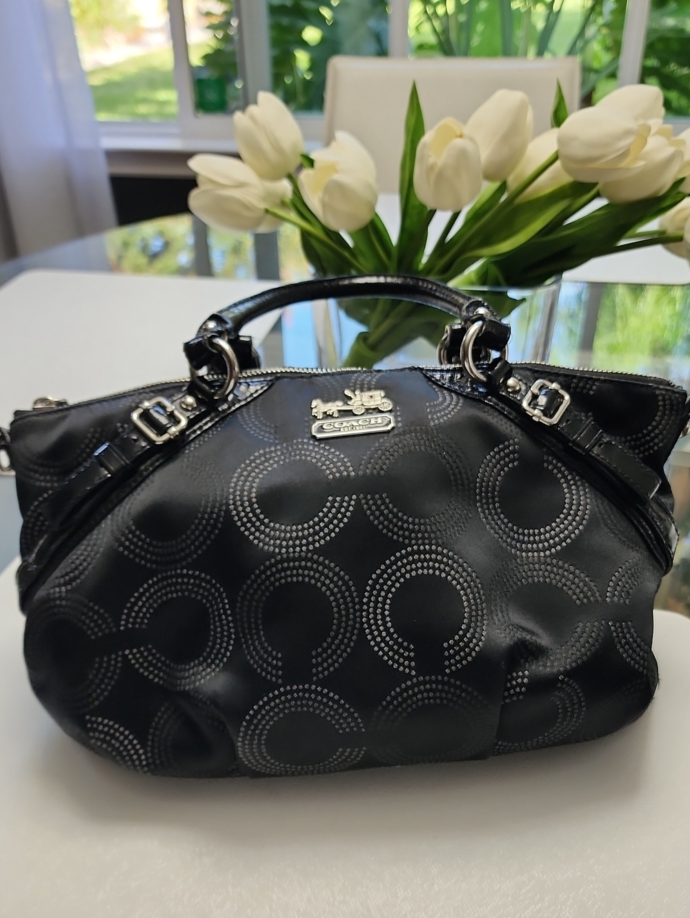 Coach Madison Dotted Sophia Black Signature Circle Satchel with Silver Hardware